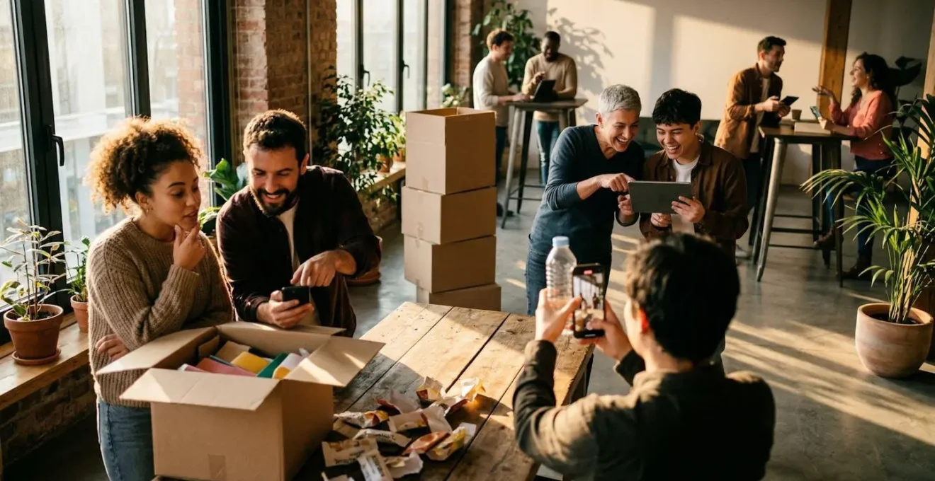 Communauté active créant du contenu numérique avec smartphones et tablettes