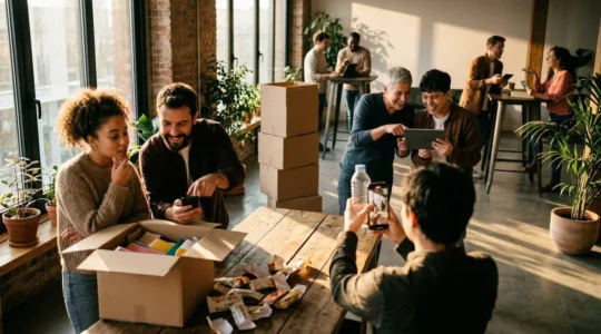 Communauté active créant du contenu numérique avec smartphones et tablettes