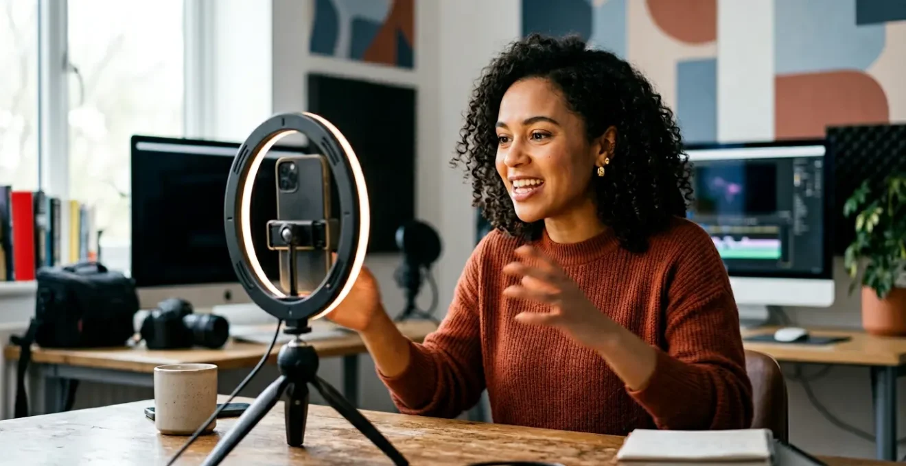 Créateur de contenu filmant une vidéo courte avec son smartphone dans un studio moderne équipé d'un anneau lumineux