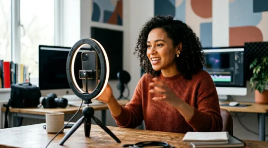 Créateur de contenu filmant une vidéo courte avec son smartphone dans un studio moderne équipé d'un anneau lumineux