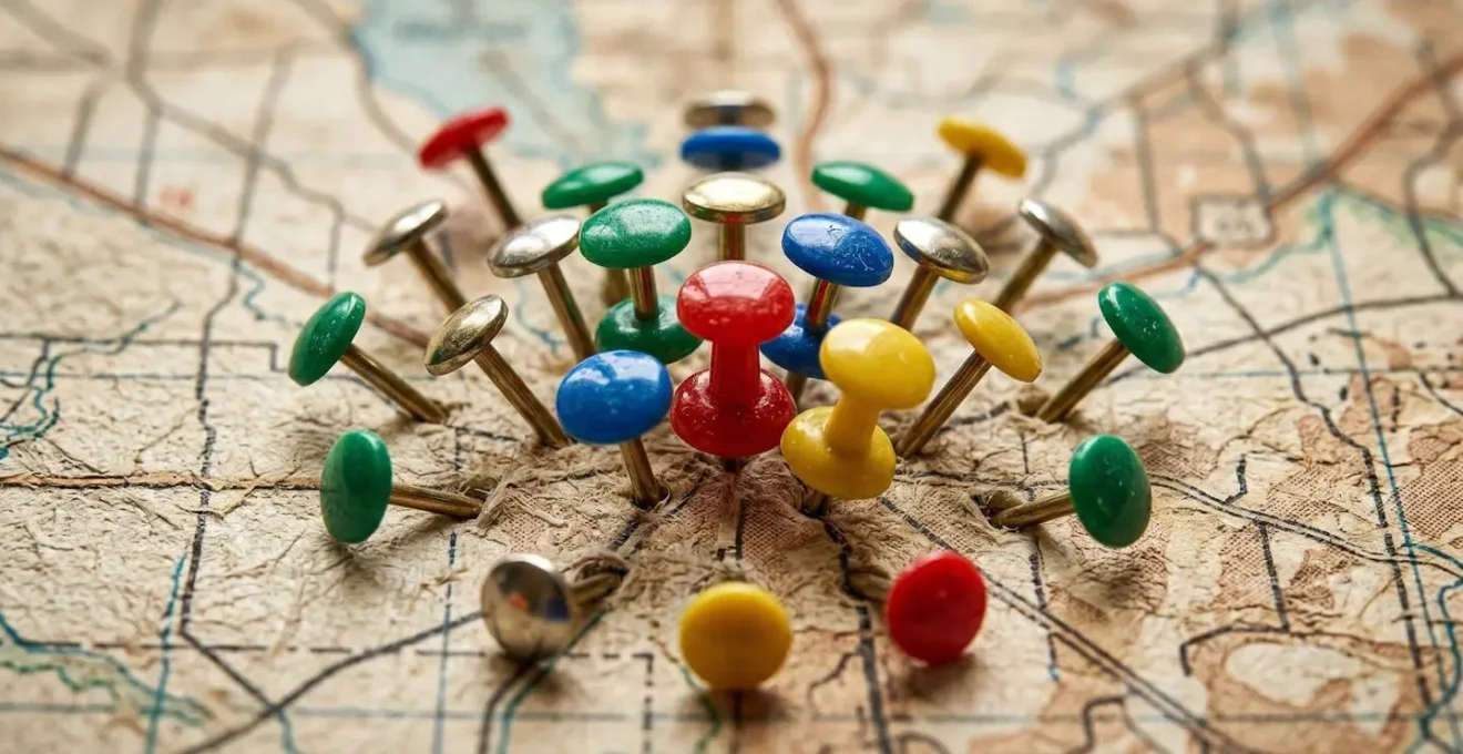 Vue macro d'une carte avec épingles colorées représentant différentes catégories d'entreprises
