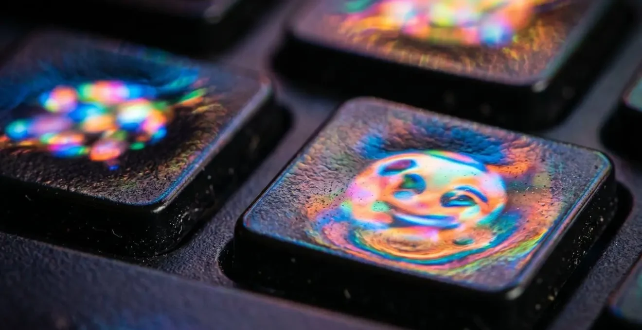 Vue macro de touches de clavier avec des reflets colorés suggérant des emojis
