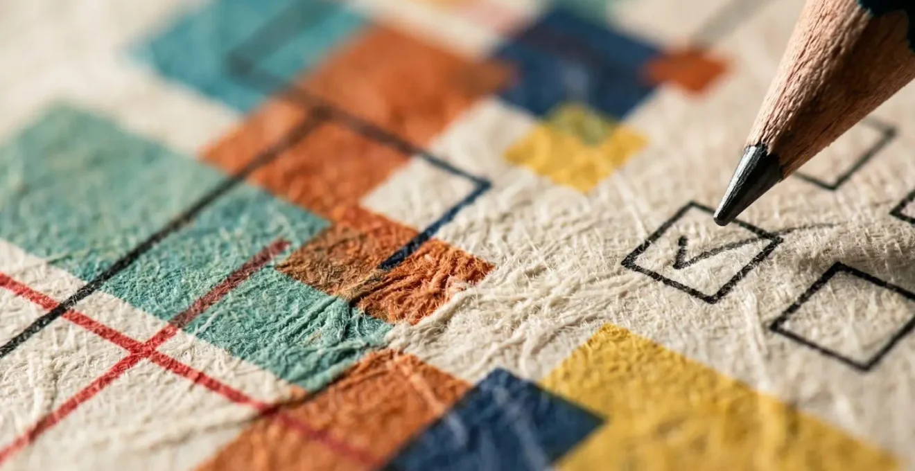 Vue macro détaillée d'un document structuré avec sections colorées