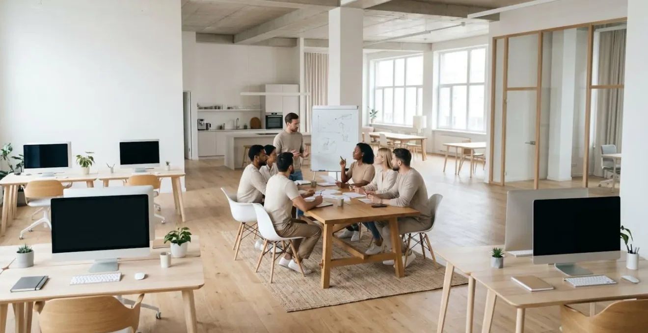 Espace de travail minimaliste avec vue large montrant la collaboration d'équipe