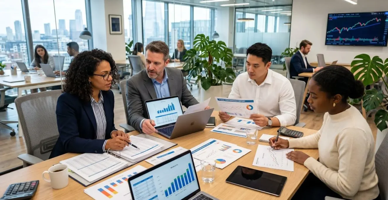 Professionnels analysant des documents financiers et graphiques dans un bureau moderne