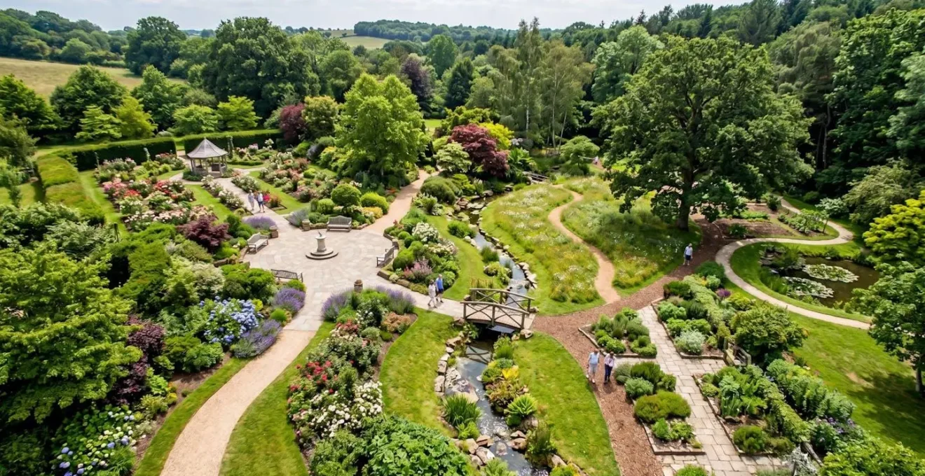Vue d'ensemble d'un jardin avec différents chemins et points de décision naturels