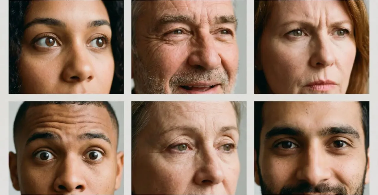 Collage de visages exprimant différentes émotions intenses en regardant un écran