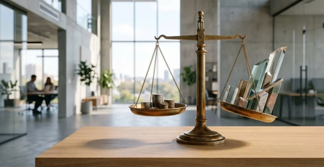 Balance déséquilibrée avec des pièces d'un côté et des graphiques de croissance de l'autre