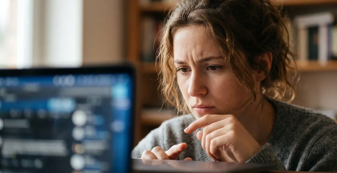 Personne hésitante devant un écran montrant une zone de commentaire vide