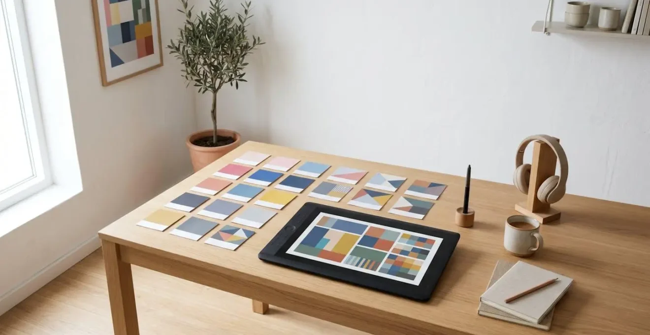 Espace de travail créatif minimaliste avec tablette graphique et palette de couleurs