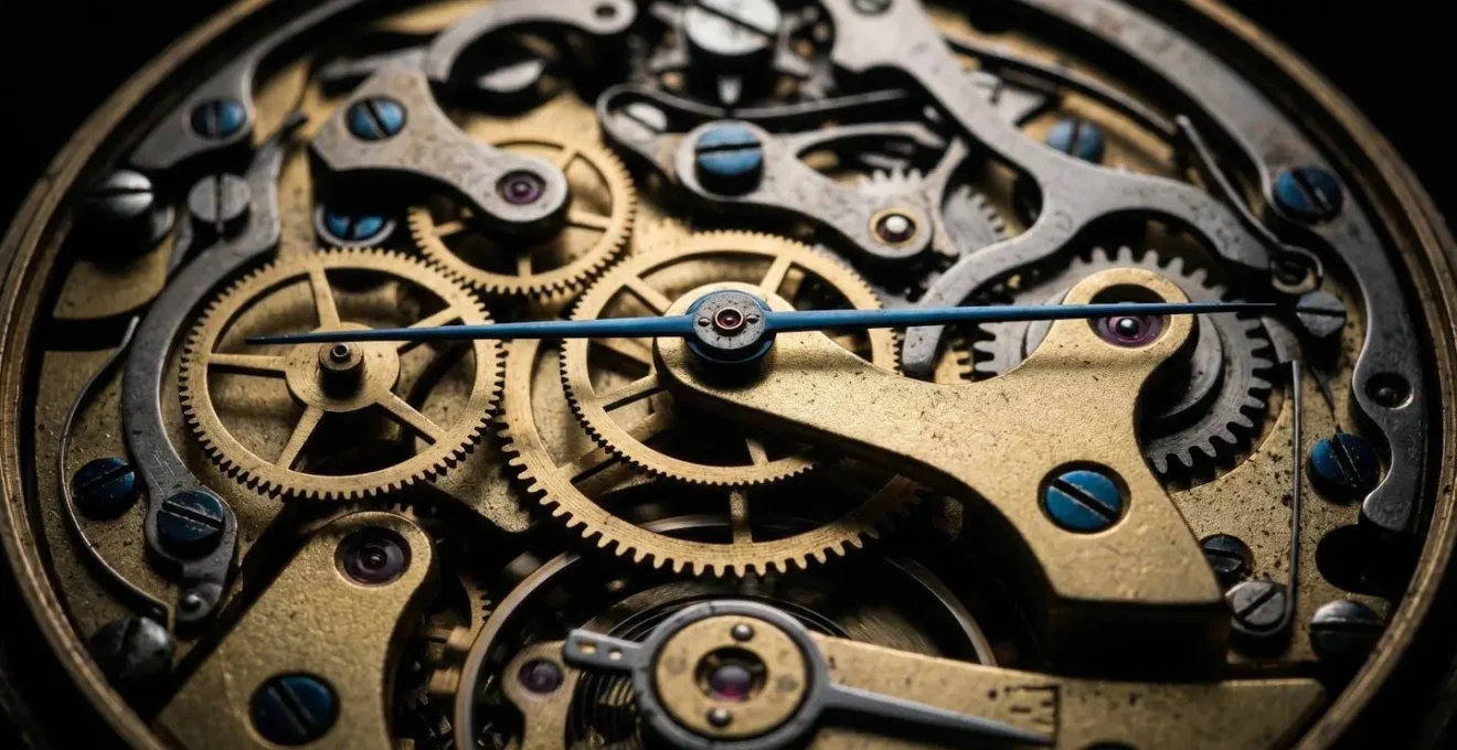 Vue macro sur une horloge vintage montrant les secondes avec des reflets dorés