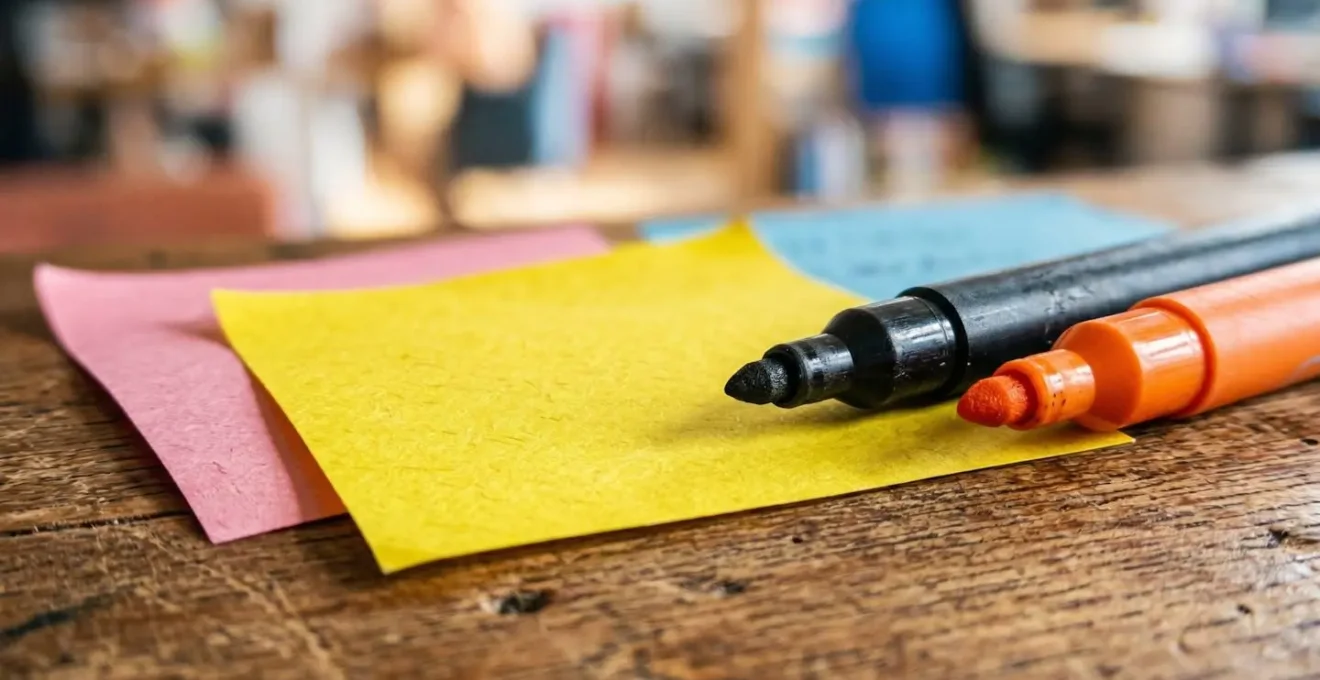 Vue macro d'un tableau de priorisation avec post-its et marqueurs colorés