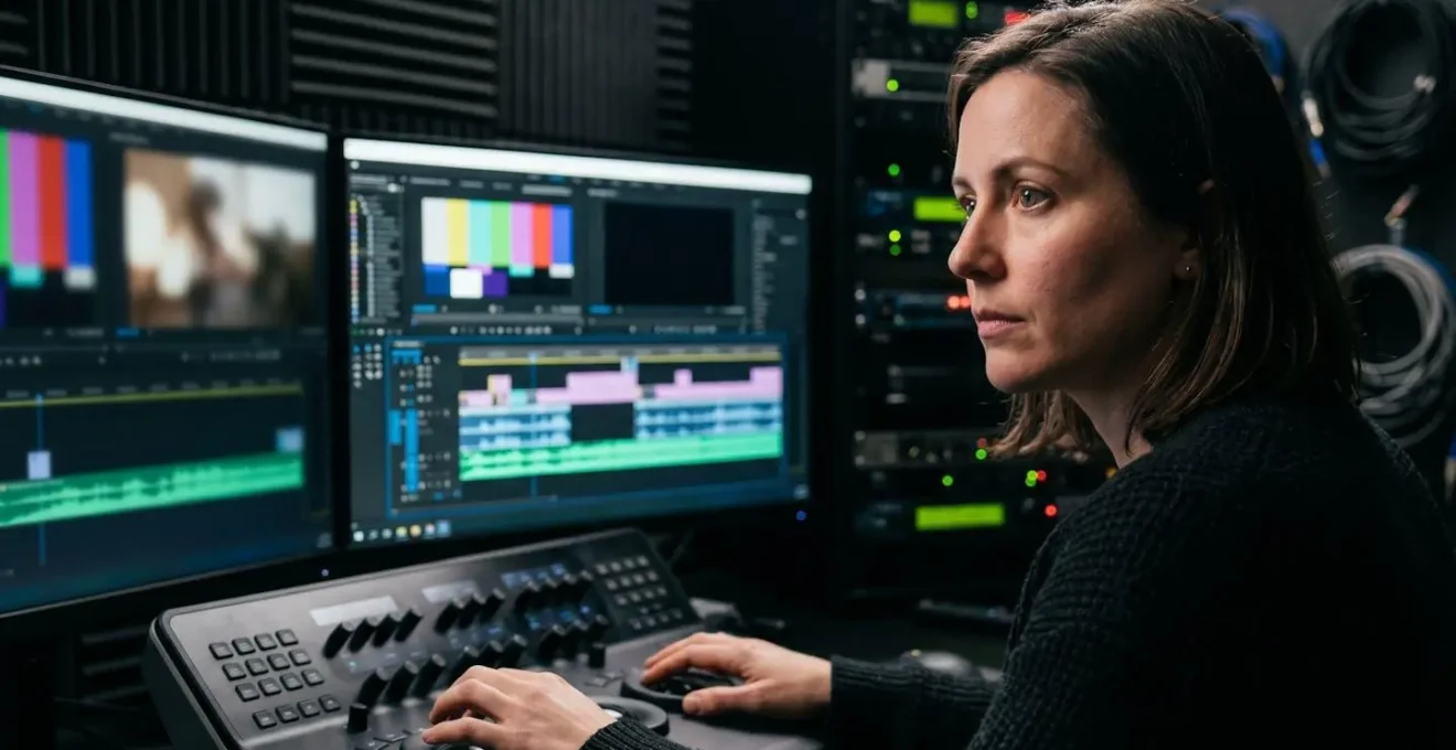 Studio de montage vidéo professionnel avec plusieurs écrans montrant différents angles et transitions
