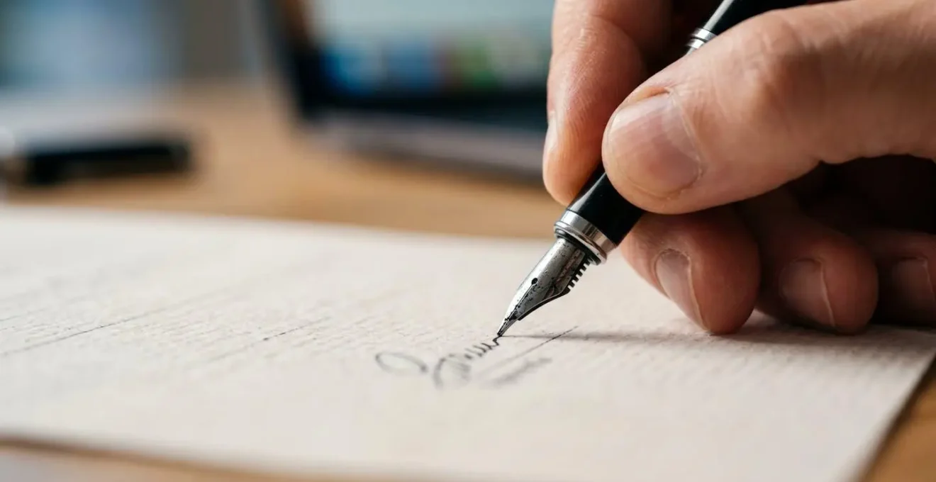 Gros plan sur des mains signant un contrat avec des éléments visuels suggérant la collaboration digitale