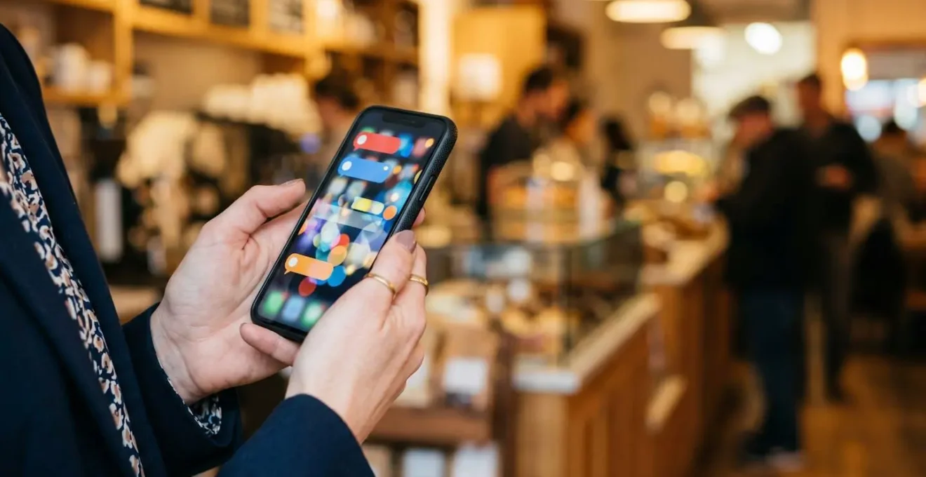 Main tenant un smartphone montrant des notifications d'avis clients avec arrière-plan flou d'un commerce local