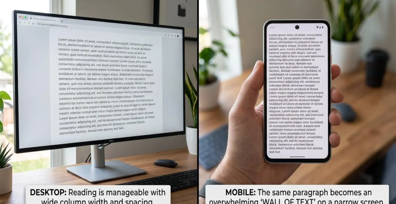 Comparaison visuelle d'un paragraphe sur desktop versus mobile montrant l'effet mur de texte
