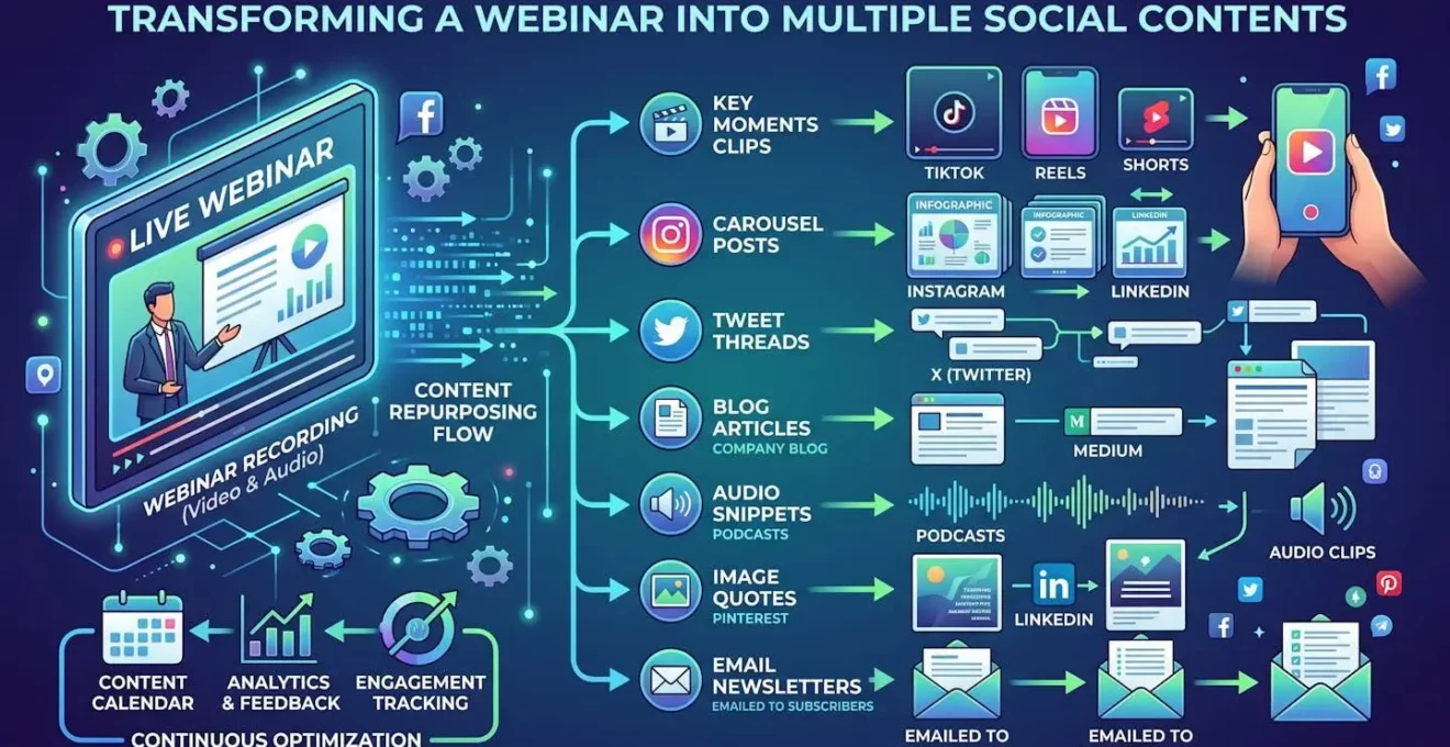 Flux de transformation d'un webinaire en multiples contenus sociaux