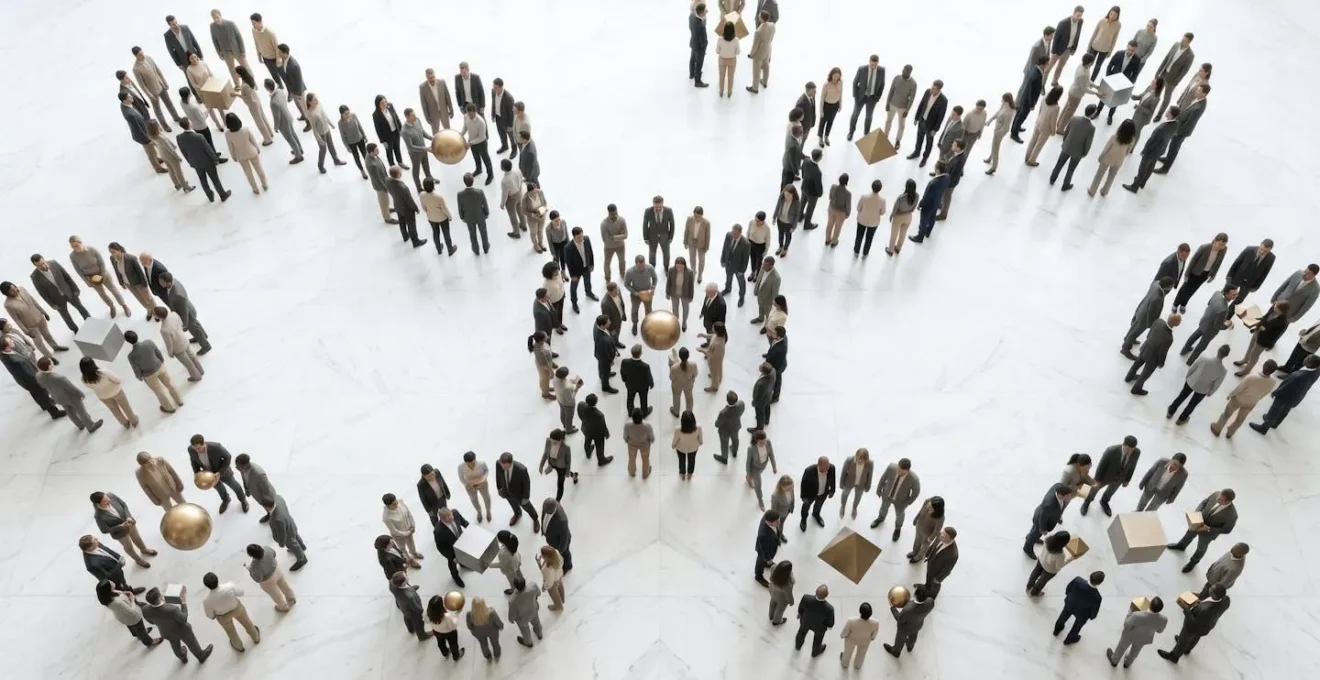 Vue aérienne d'un réseau de personnes interconnectées, symbolisant les clients ambassadeurs.