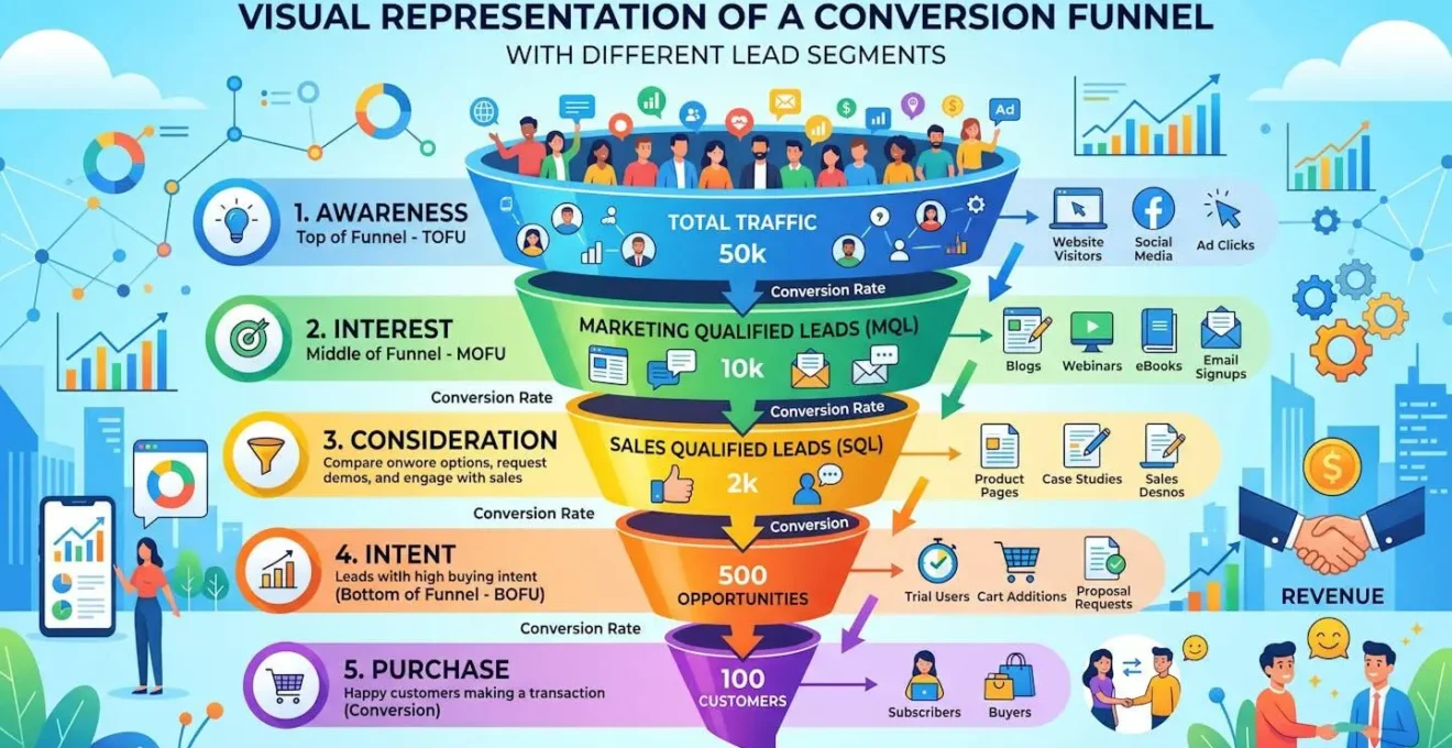 Représentation visuelle d'un entonnoir de conversion avec différents segments de leads