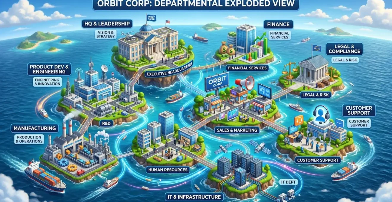 Vue éclatée de différents départements d'entreprise représentés par des îlots séparés
