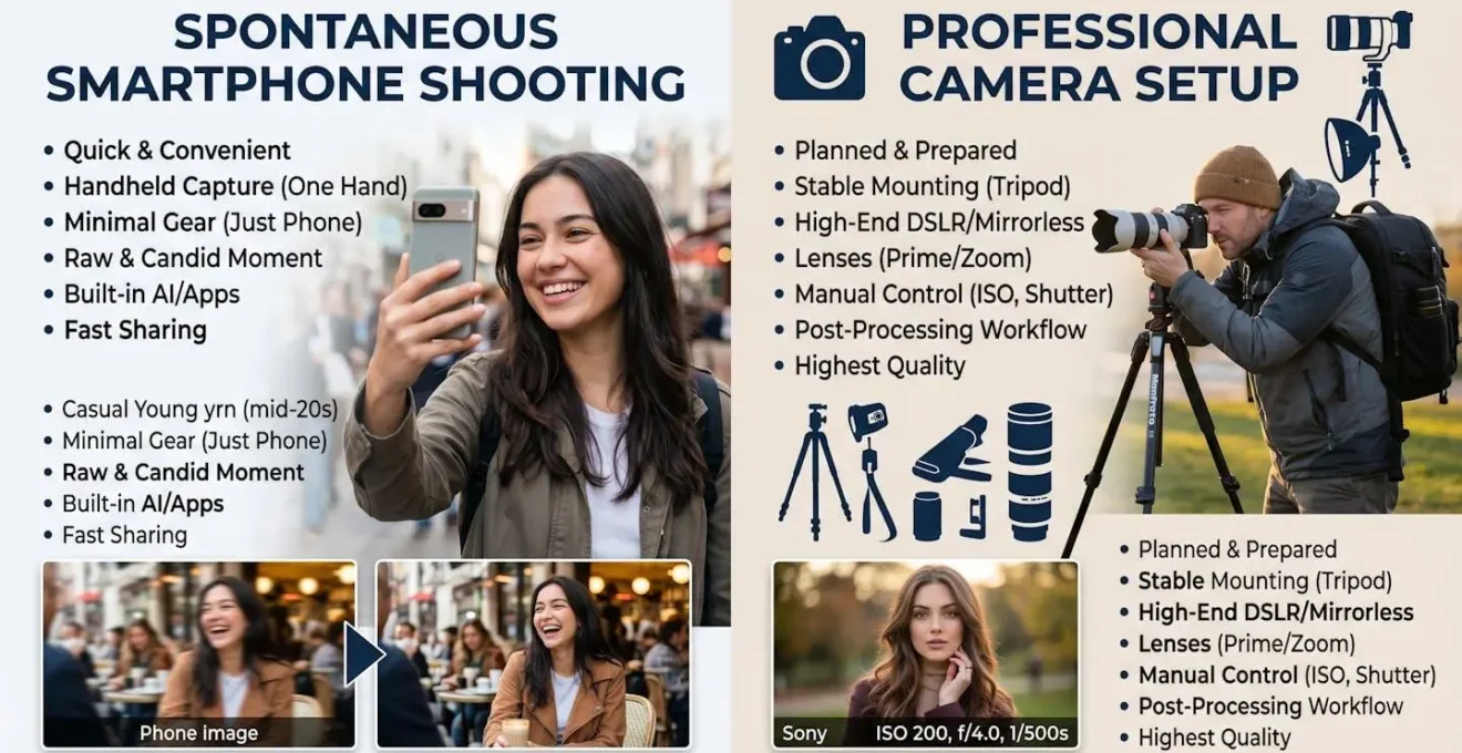 Comparaison visuelle entre tournage smartphone spontané et setup caméra professionnelle