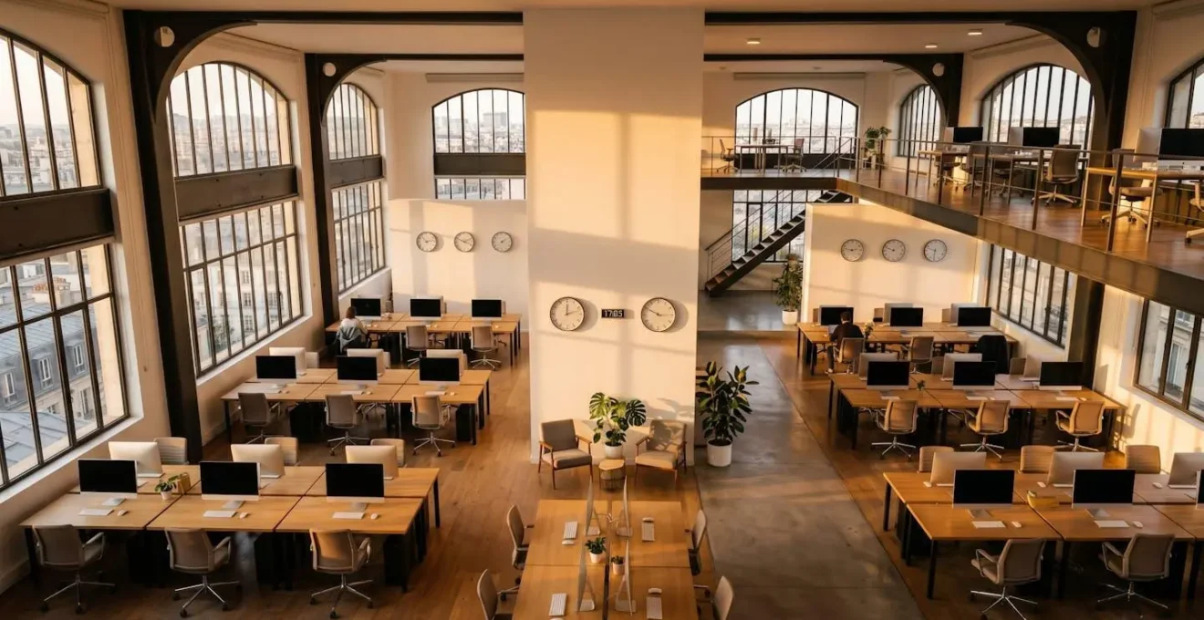 Vue aérienne d'un espace de travail moderne avec horloges murales indiquant différents fuseaux horaires