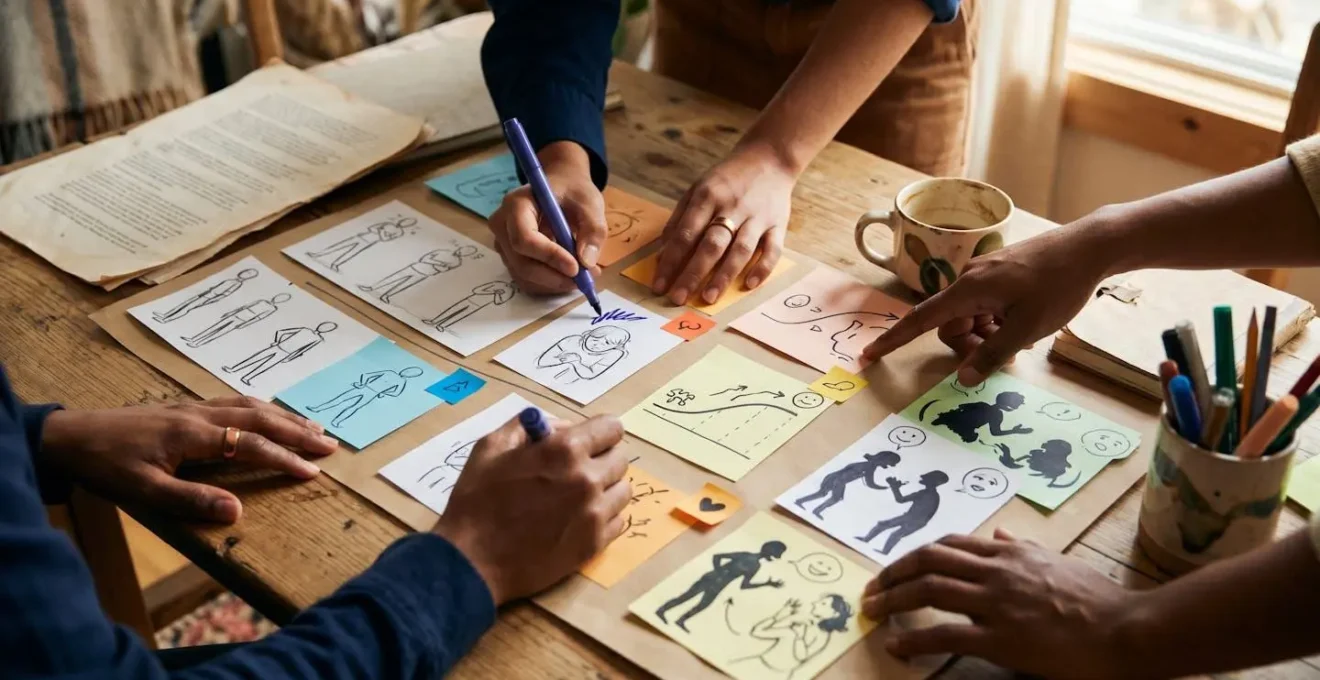 Mains créatives travaillant sur un storyboard coloré avec des personnages et des émotions