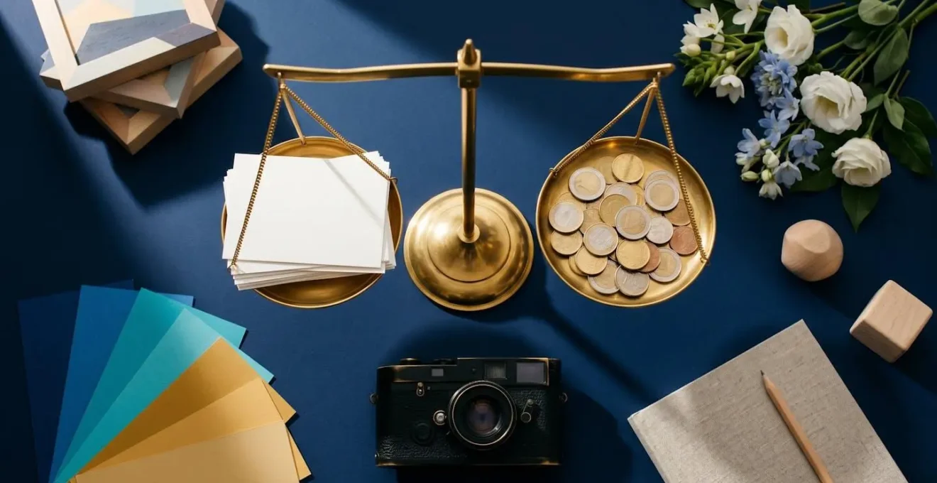 Composition créative montrant une balance dorée équilibrant des impressions photo d'un côté et des pièces d'euros de l'autre, symbolisant la valeur financière du contenu.