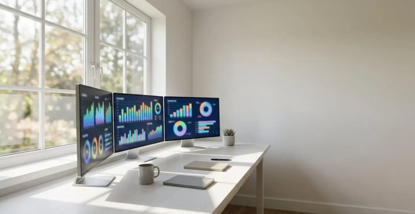 Vue minimaliste d'un bureau avec tableaux de bord analytiques sur plusieurs écrans
