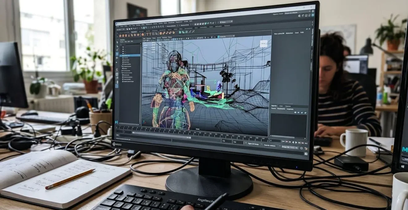 Écran de production 3D affichant une scène CGI publicitaire en cours de création dans un studio de design contemporain