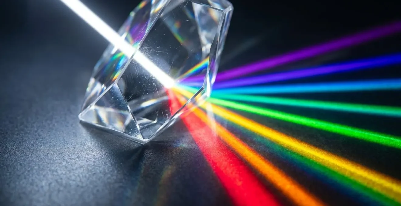 Gros plan macro sur des prismes de cristal décomposant un rayon de lumière en multiples couleurs représentant la transformation du contenu