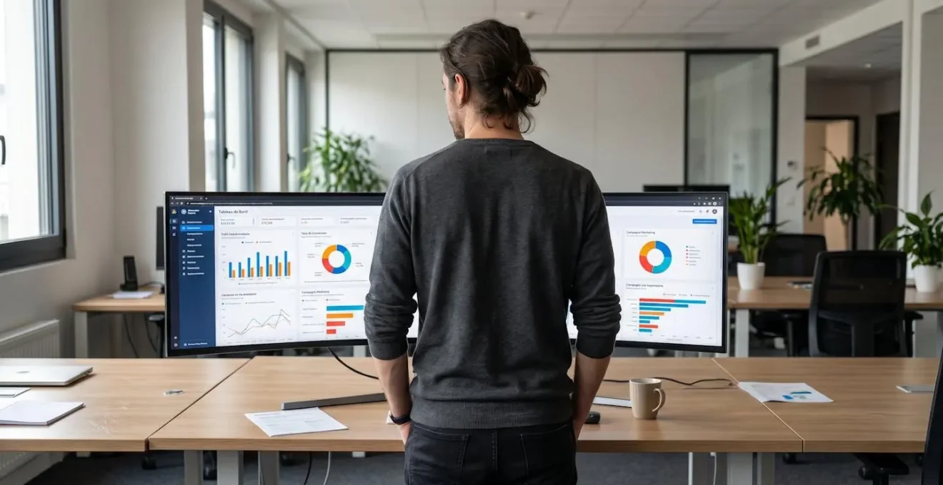 Professionnel du marketing analysant un tableau de bord de métriques publicitaires sur grand écran dans un bureau contemporain