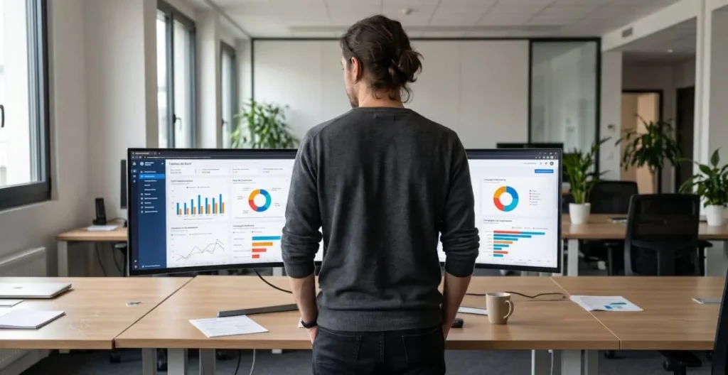 Professionnel du marketing analysant un tableau de bord de métriques publicitaires sur grand écran dans un bureau contemporain